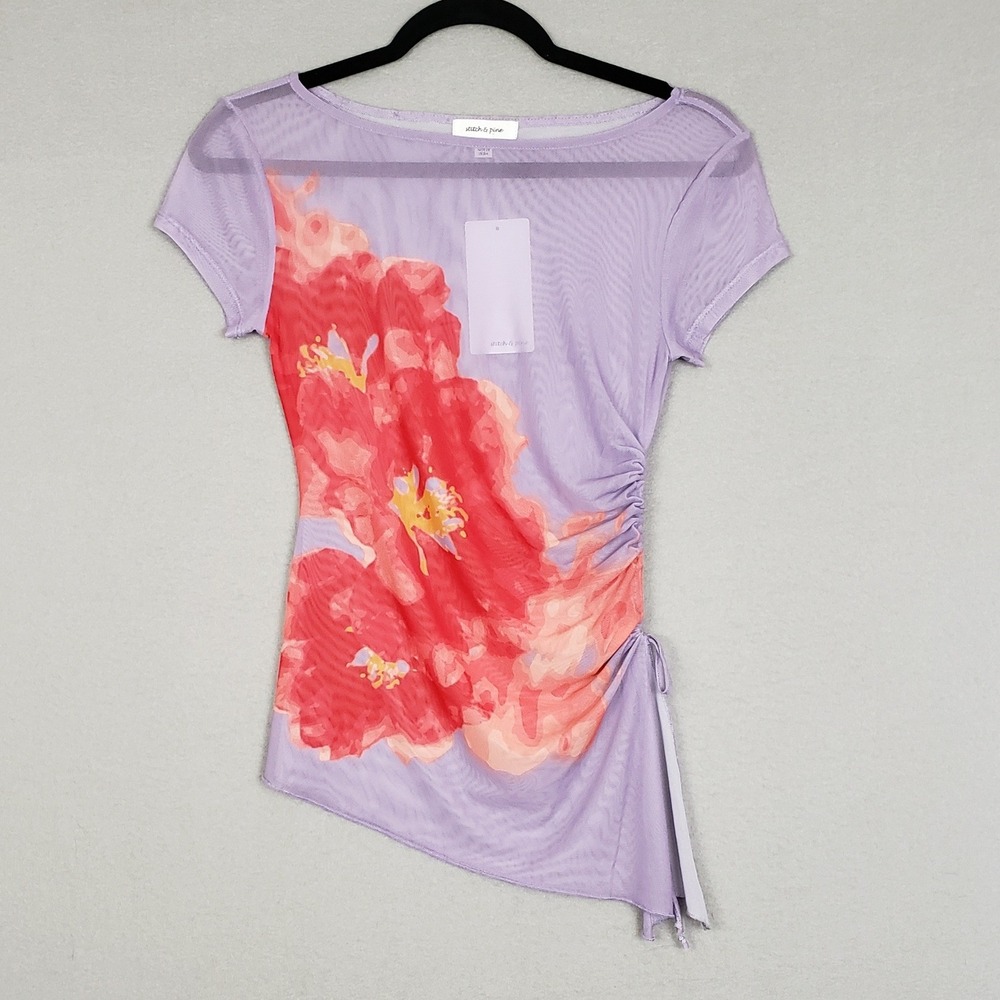 Asymetrical Mesh Tee Pastel Purple Floral‎ Sheer Y2K Style Soft Girl Size S